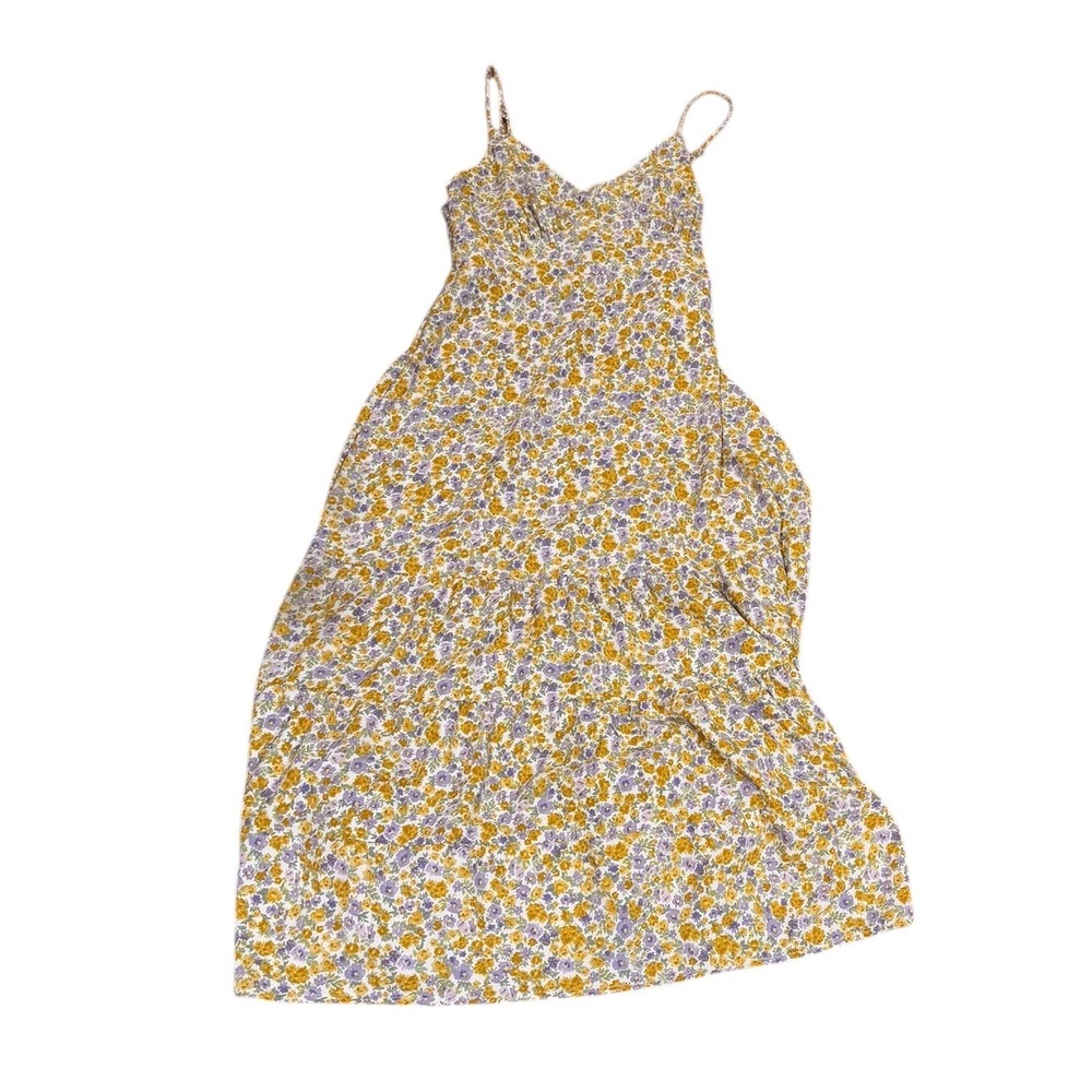 Ultra Flirt Floral Tiered Maxi Dress Yellow Ditsy Print Smocked Back Sundress L‎